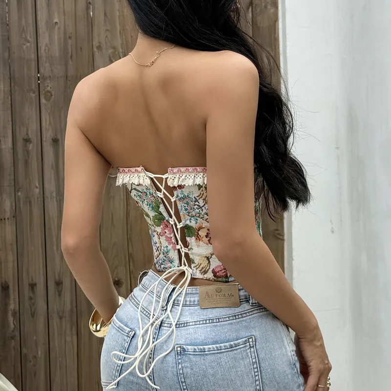 Sexy Club Wear V Neck Printed Strappy Sleeveless Vest Woman,Y2K Retro Slim Crop Top Street Style Bare Shoulder Fishbone Corset
