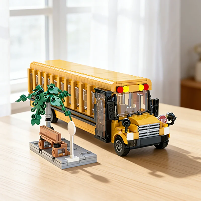 

864pcs MOC Generic American School Bus Stop City Traffic Model Building Blocks Architecture Toy Christmas Gifts Brick Kids DIY