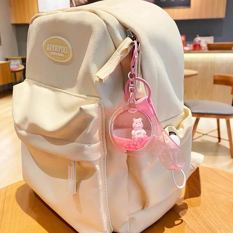 Cute Sitting Love Bear Alarm Clock Quicksand Bottle Keychain Bags for Woman Floating Star Sequin Milk Tea Cup Liquid Keys Chain