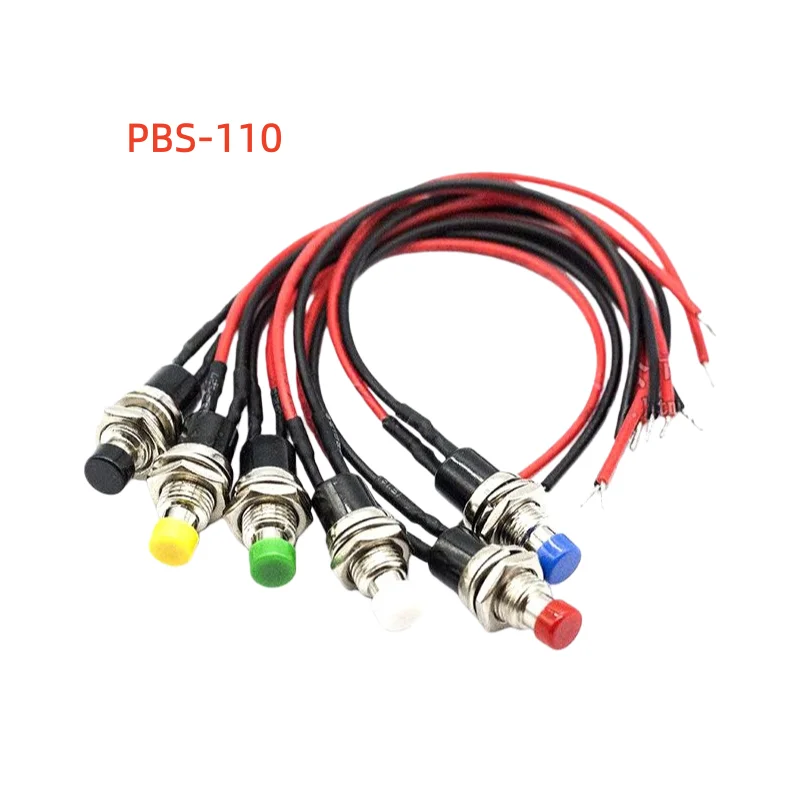 1-10pcs PBS-110 7MM small circular button with wire 2pin jog reset without lock button switch copper pin Connector line cable