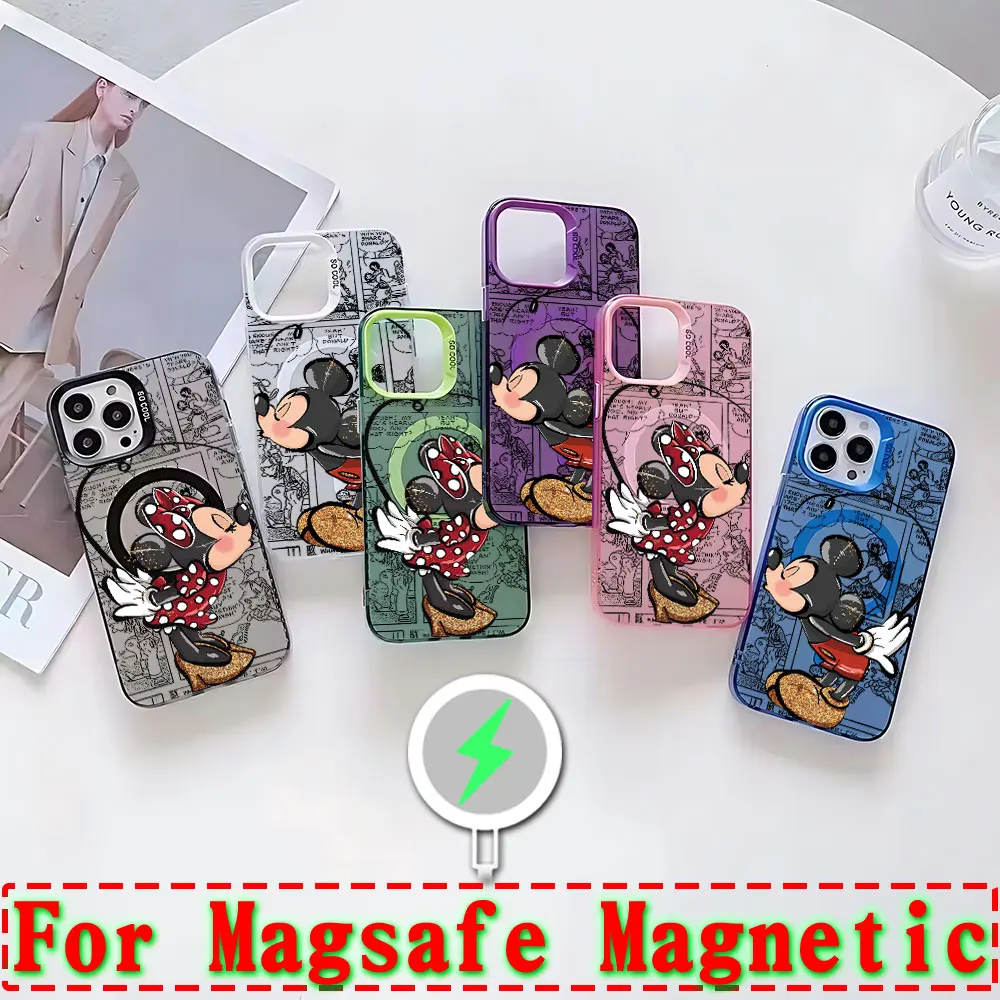 حافظة هاتف مغناطيسية كارتونية ميكي ميني للزوجين Magsafe لهاتف آيفون 11 12 13 14 15 16 Pro Max Plus غطاء مطلي بالفضة