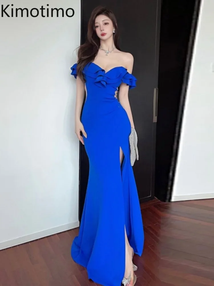 Topenomi Fashion Strapless Ruffle Party Dress Women Summer Sexy Waist Slim Fit Split Evening Gown Quinceanera Vestidos Elegantes