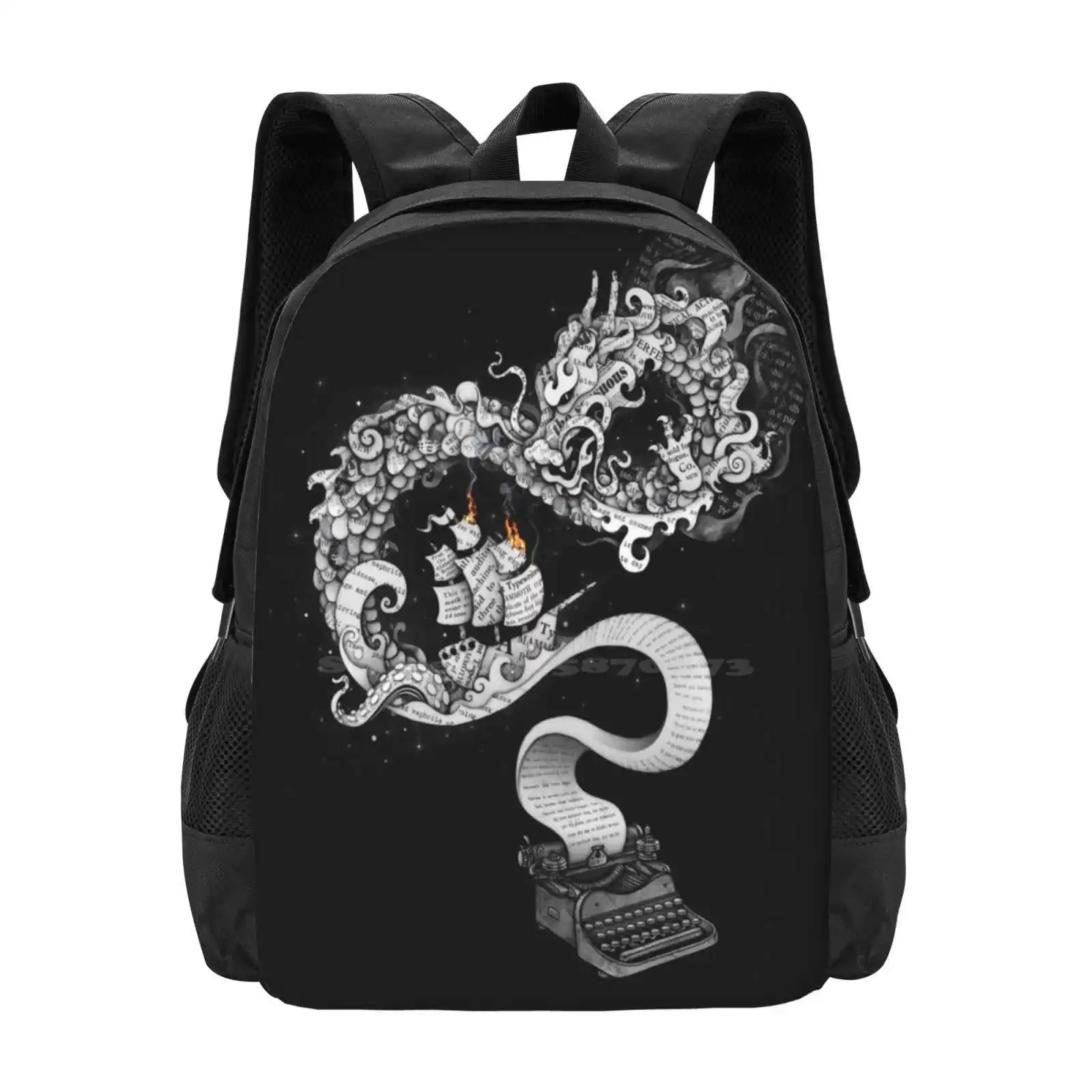 Unleashed Imagination Pattern Design Bagpack School Bags Dragon Ship Fire Surreal Collage Waves Typewriter Paper