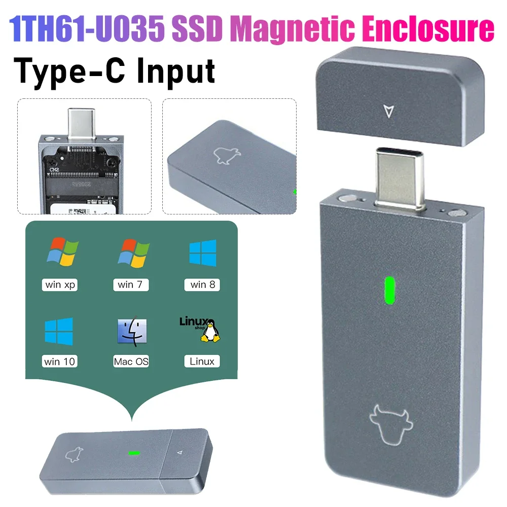 

1TH61-U035 SSD Magnetic Enclosure Aluminum Alloy External Hard Disk Box USB C Mobile Solid State Disk Case Box For M.2 2230 SSD