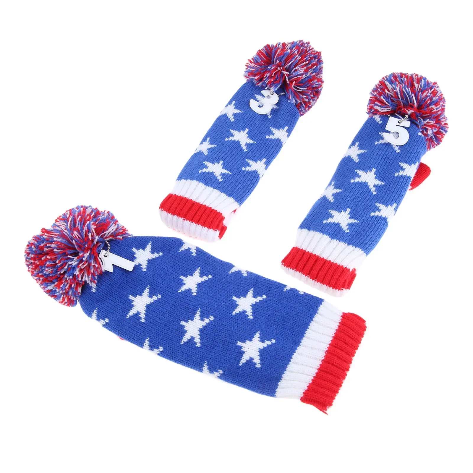 3 Pcs Stars & Stripes Knitted Pom Pom Golf Wood Club Head Covers Protect Set With Number 1,3,5 Long Neck Sock Golf Headcovers