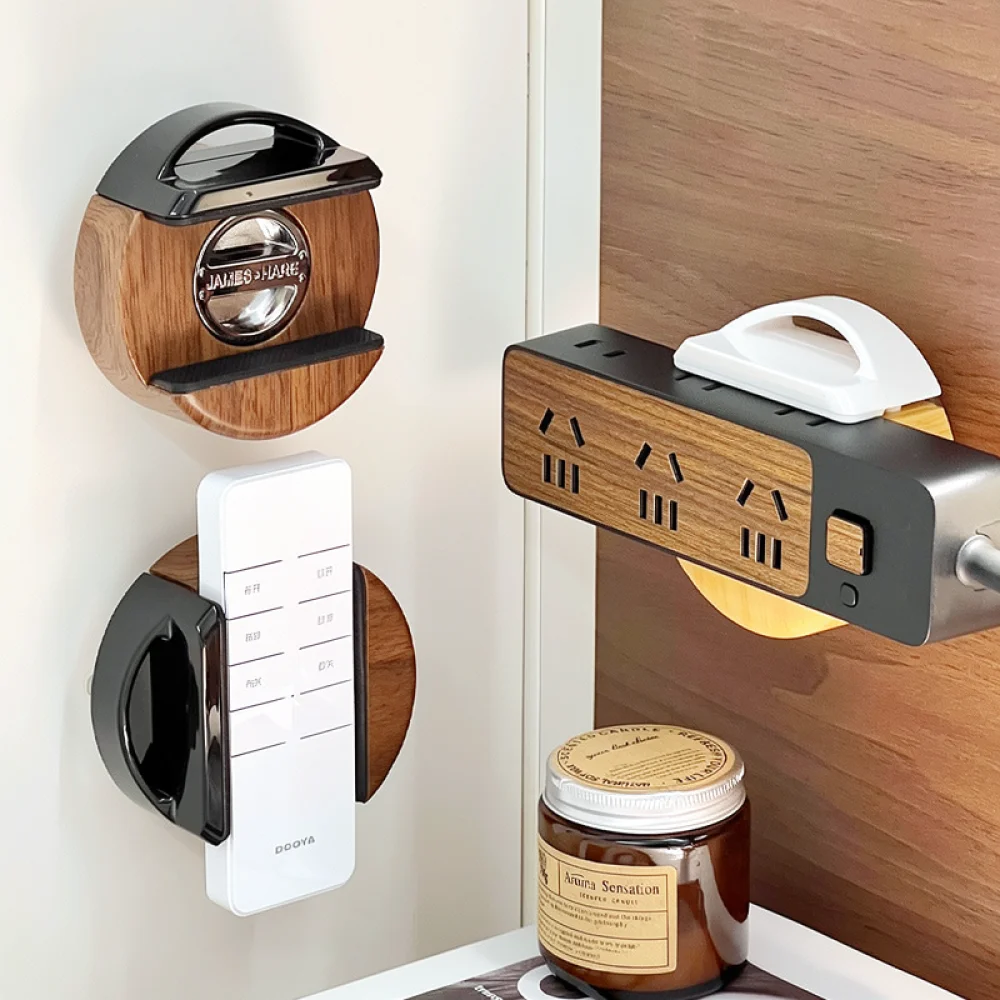 Wall Mounted Power Strip Holder Punch Free Socket Organizer Rack Wooden Style Cable Management Organizer For Home Office