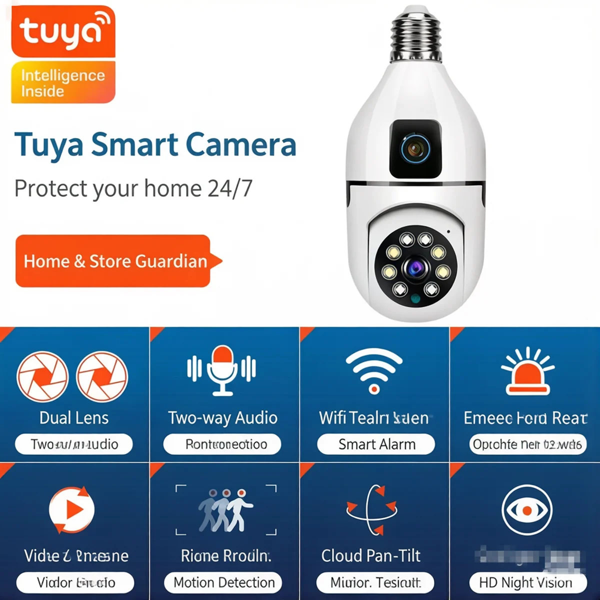 4MP Tuya APP Dual Lens E27 Lamphead  PTZ  IP Dome Camera AI Humanoid Detection Full Color  CCTV  Baby Monitor