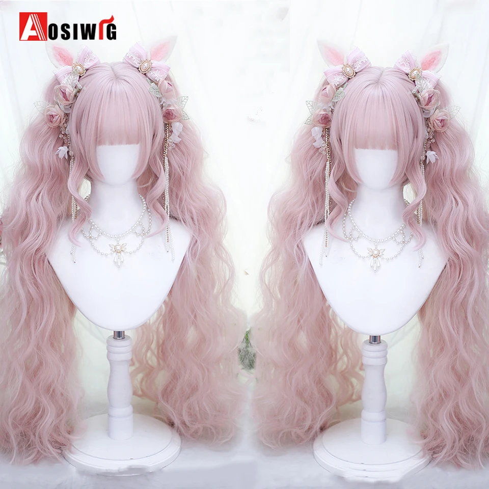 Synthetic Red Long Curly Double ponytail  Lolita Cosplay Halloween  Wig Female Wig with Ponytail Natural Fake Hair For Women