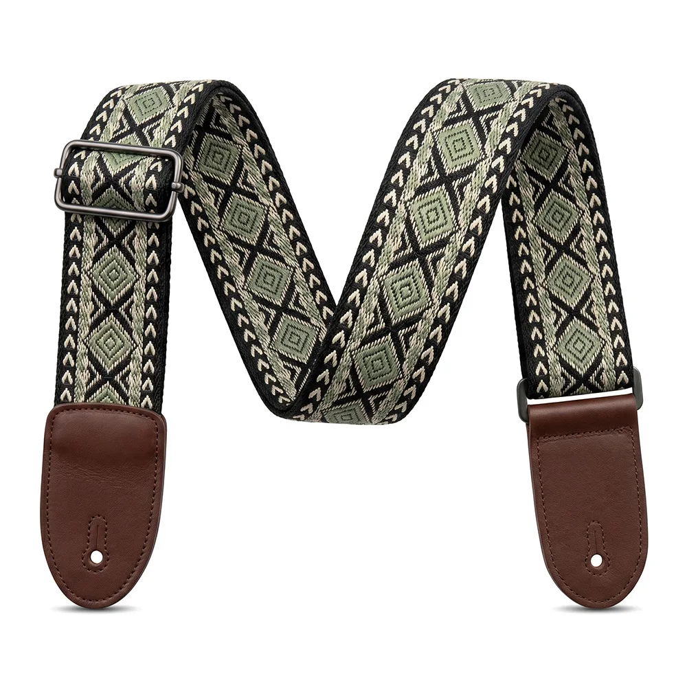 Green Vintage Embroidered Guitar Bass Strap Thickened Widened Brown Leather End Shoulder Sling for Acoustic Folk Electric Guitar
