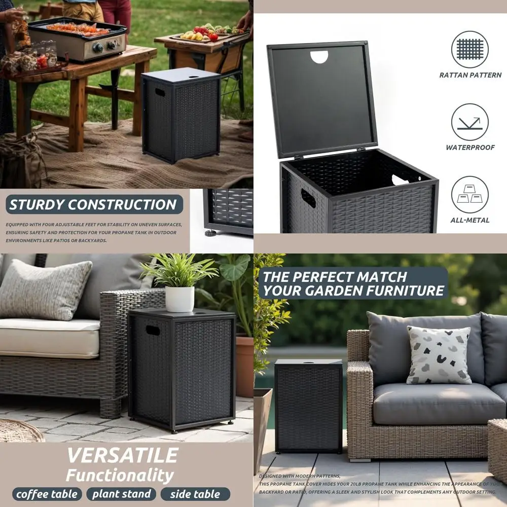 

16-дюймовый стол-крышка для пропанового баллона с боковыми ручками, скрывает баллоны весом 20 фунтов, идеально подходит для приготовления пищи на открытом воздухе и использования в качестве очага (черный ротанг)