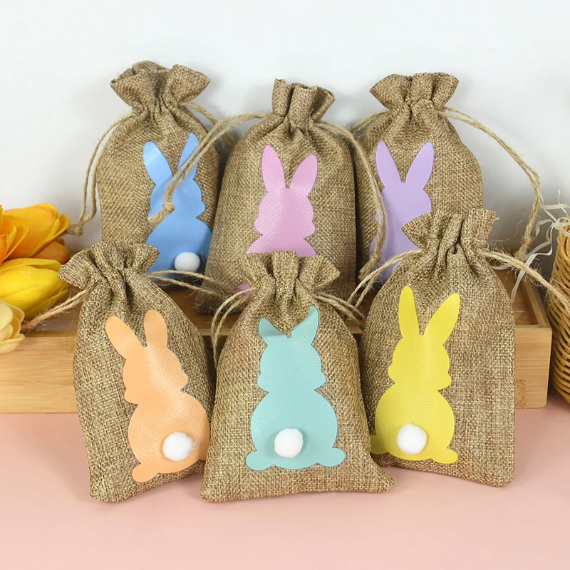 24pcs Easter Bunny Burlap Gift Bags Rabbit Linen Candy Treat Snacks Drawstring Bag Happy Easter Birthday Party Favor Decorations