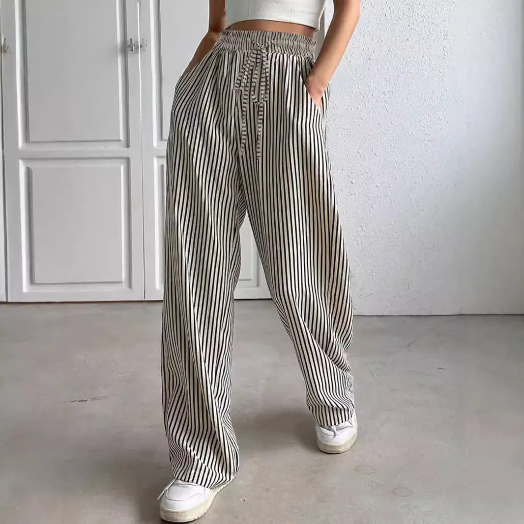 

Street Sle Striped Casual Pants Straight Leg Trousers Belted Sve Regular Thin Autumn Season Women's Faion