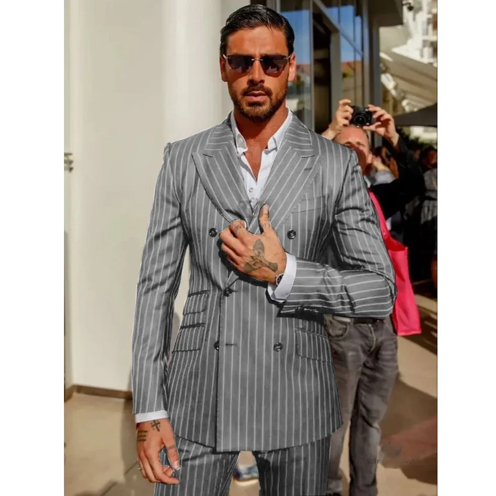 Elegant Men's Suits Casual Clothing Summer Strip Set 2-Piece High Quality New in Suits Blazers Pants Male Clothes Coat