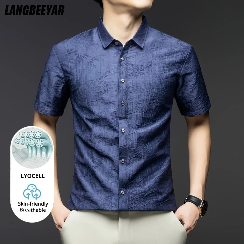 

High End Lyocell New Summer Brand Fashion Korean Mens Shirt Classic Floral Short Sleeve Trending Simple Casual Men Clothes