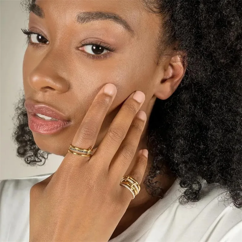 Multi-layer Metal Two-tone Stacking Rings for Women PVD Waterproof Stainless Steel CZ Zircon Finger Ring Designer Jewelry