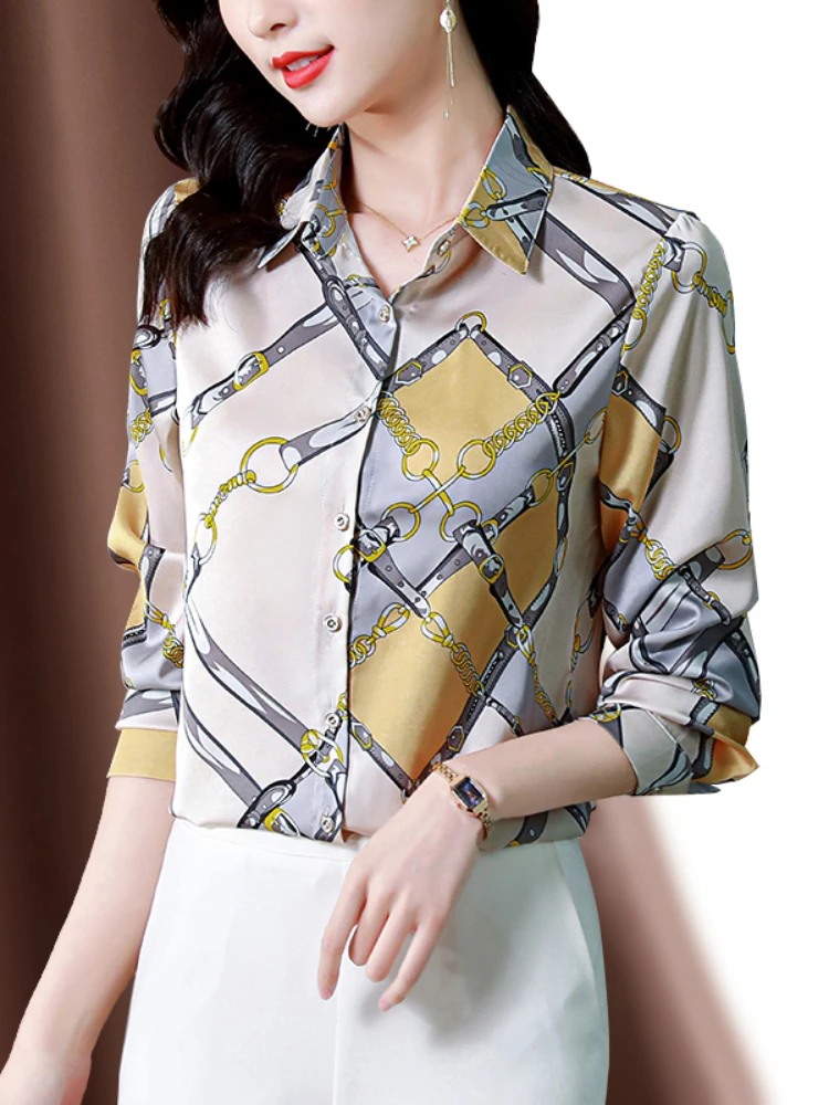 Blusa de manga larga para mujer, camisa de satén con estampado a la moda, Estilo Vintage, elegante, para otoño, 2023