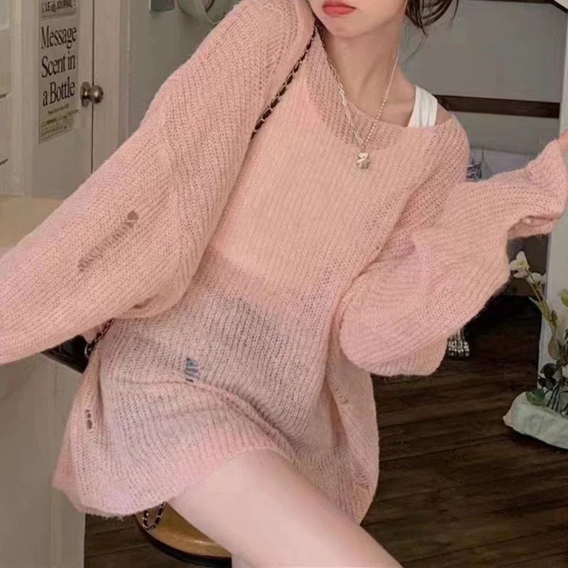 Pullovers Women Slash Neck Ripped Knitted Sweater Long-sleeved Loose Fit See-through All-match Trendy Ulzzang Sun-proof Summer