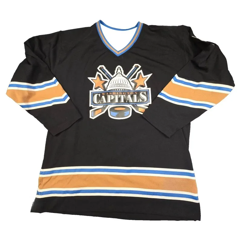 Hockey Jersey - Black with Blue/Orange/White Accents Classic Capitals Logo Vintage Striped Design Athletic Jersey 3d HD Prints