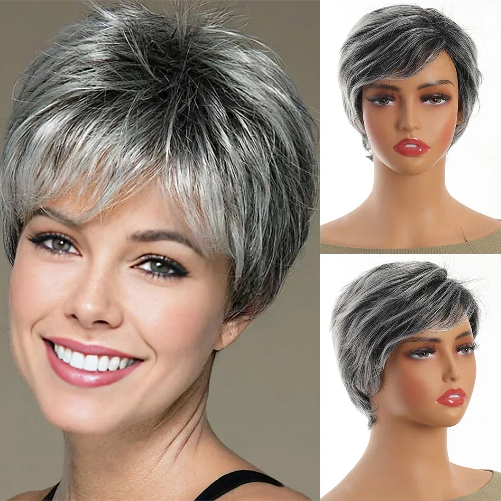 Short Natural Wigs with Bangs Soft Mommy Hair Daily Use Short Grey Ombre Curly Synthetic Hair Costume Party Wig for Women