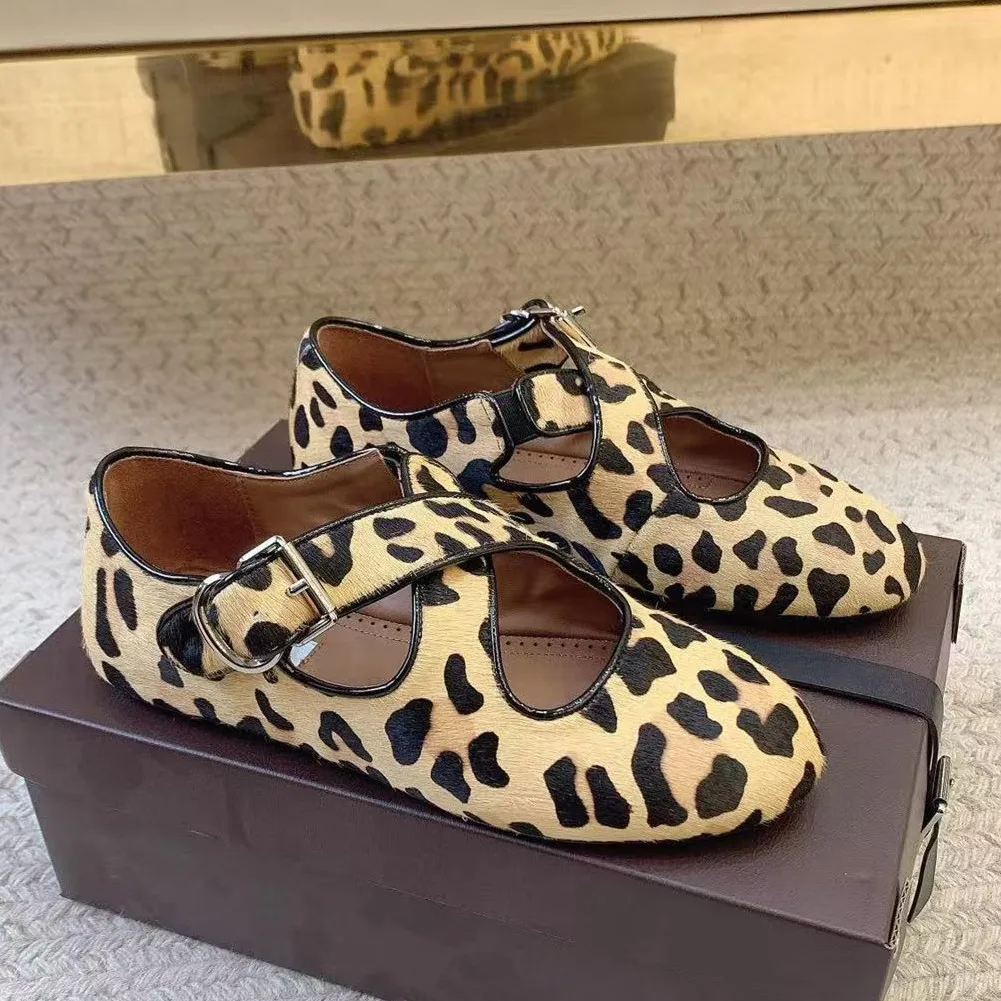 Mary Jane Shoes with Leopard Print, Genuine Leather, Retro French Round Toe Flat Ballet Flats for Women