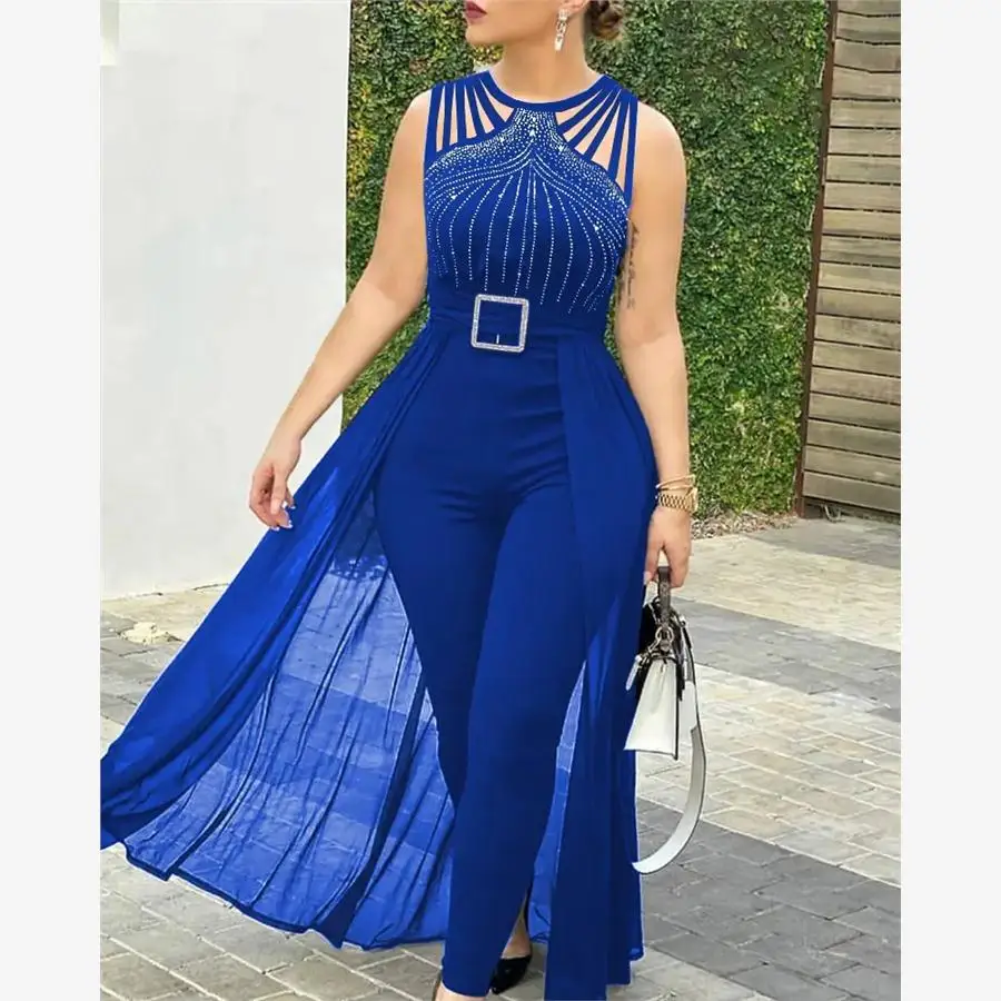 

Rhinestone eer Me One-Piece High Waist Long Pants Street Sle Women's Jumpsuit Glitter Design Polyester Fabric