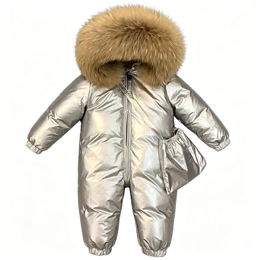 Baby Shiny Silver Winter Snowsuit Big Faux Fur Hood Fleece Lined One Piece Jumpsuit Toddler Warm Snow Romper With Bag A4760