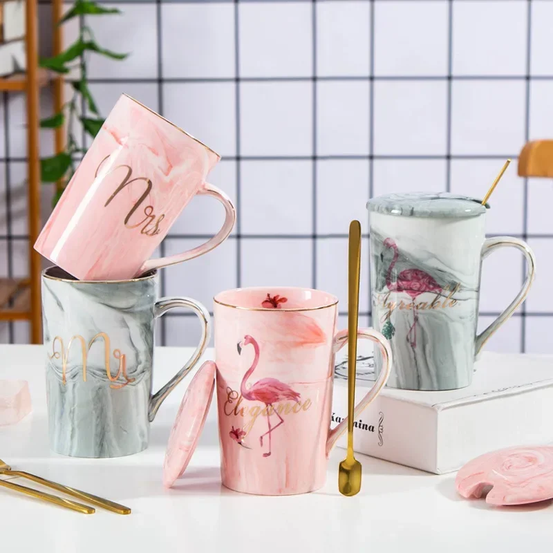 Ceramic Mug Gold Plated Flamingo Milk Coffee Tea mugs With Spoon Handle Household 55 Celsius heating thermostat padOffice Cup