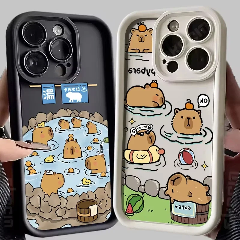 Case For iPhone 16 15 14 13 12 11 Pro Max XS X XR 7 8 Plus Cute Cartoon Capybara Shockproof Soft Silicone Phone Cover