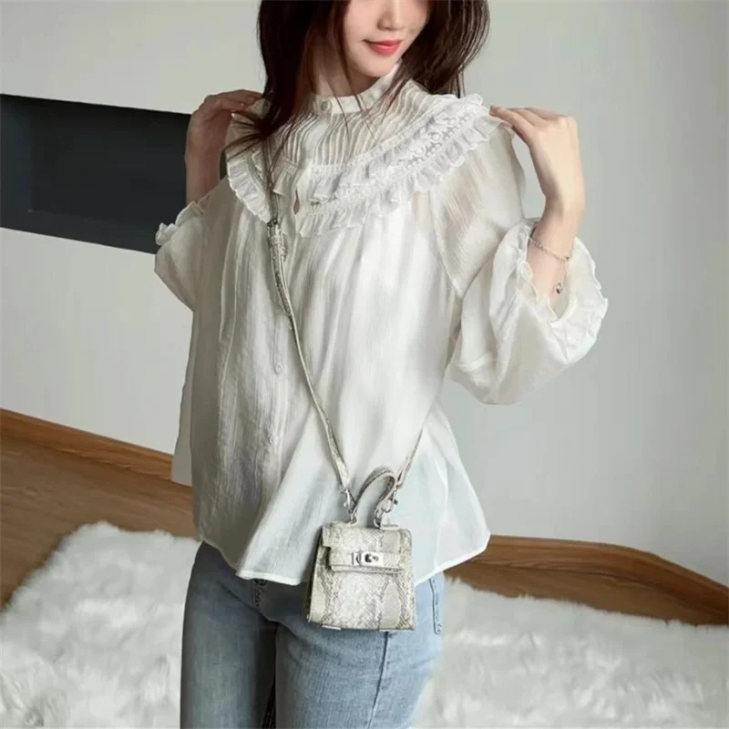 Ladies Lantern Sleeve White Blouse or High Waist Slim A-Line Skirtr Women Sweet Lace O-Neck Shirt 2024 Summer New