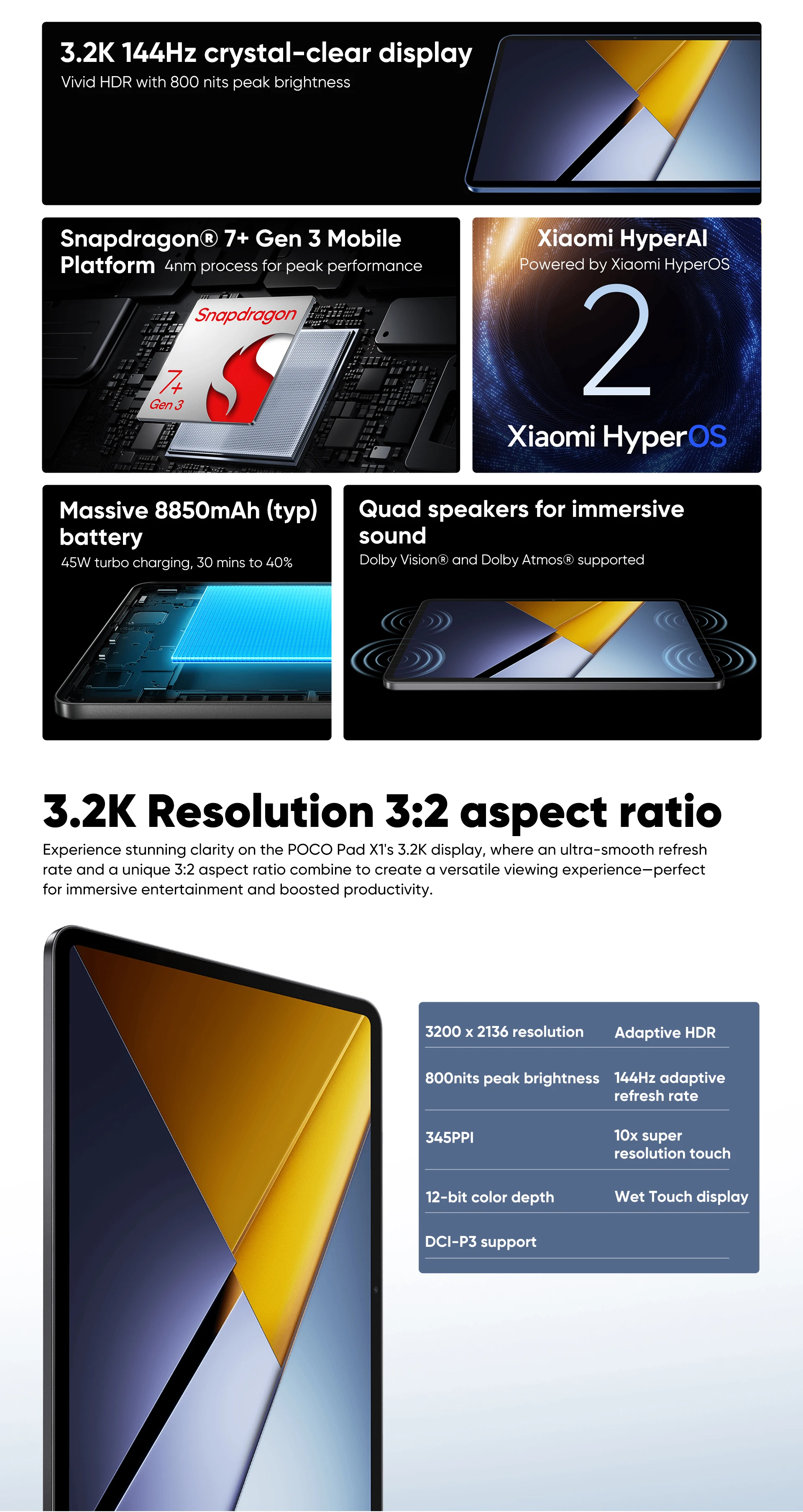 POCO Pad X1 Global Version Tablet 8GB 512GB Snapdragon 7+ Gen 3 11.2' 3:2 3.2K 144Hz Crystal-Clear Display 8850mAh (Typ) Battery 45W Turbo Charging