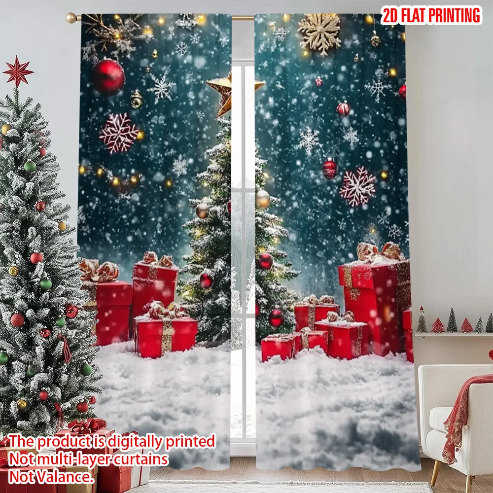 

2pcs 2D flat printing Merry Christmas Popular Curtains Winter Wonderland Snow Versatile 100% Polyester Without Electricity