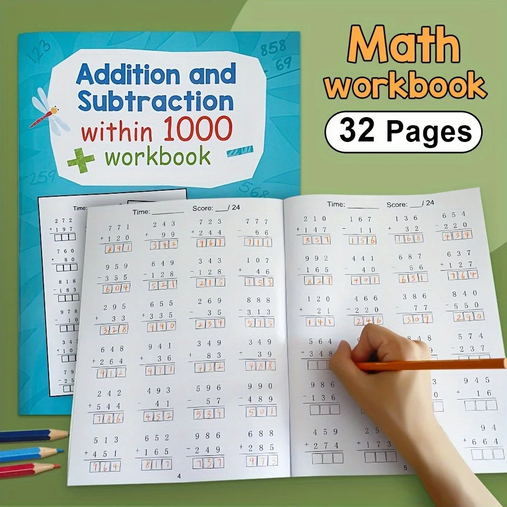 32-seitiges Additions- und Subtraktions-Arbeitsheft für Zahlen bis 1000, Übungsheft für Mathe-Schreibübungen, Mathe-Übungsblätter – Detail 4