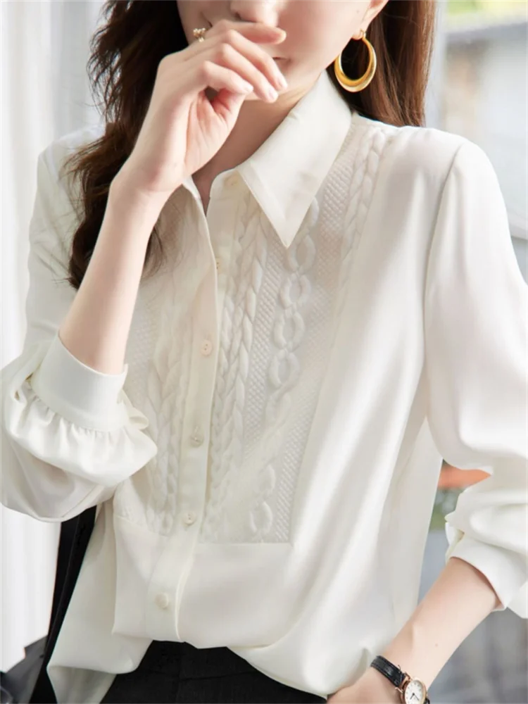 Threaded Shirt Female Blouses White Tops Patchwork Shirt Laple Long Sleeve Spring Woman Clothes Blouse Grace Shirt For Women