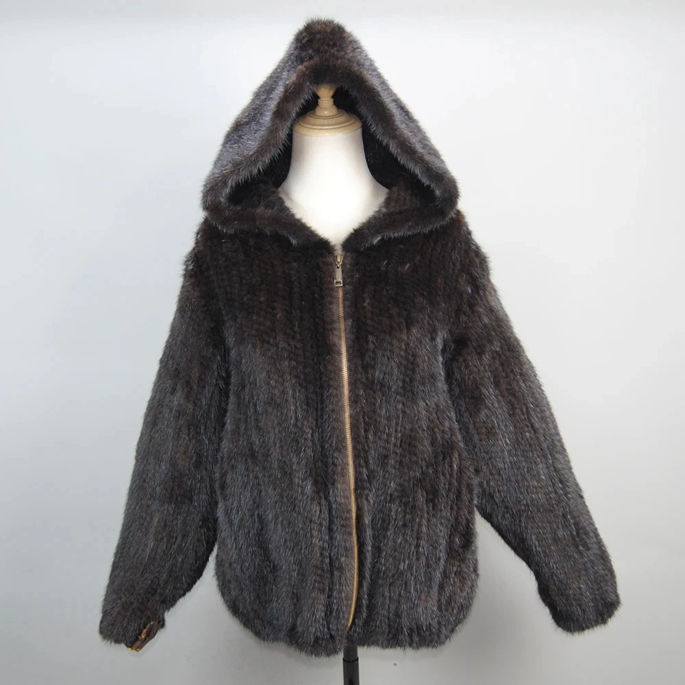 2024 New Women Mink Fur Coat Long-Sleeve Hooded Casual Jacket Fashion All-match Zipper Knitted Outerwear Jacket Custom Plus Size