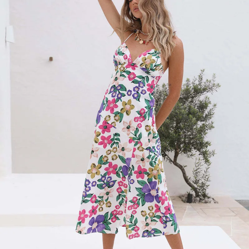 

Elegant Split Women Dress 2023 Lady Commute Floral Print Bow Sling Bodycon Dresses Summer Sleeveless Backless Beach Party Dress