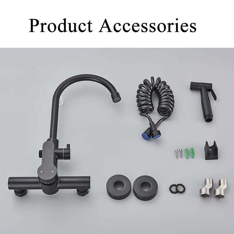 Kitchen Basin Faucet Stainless Steel with Sprayer Rotatable Tap Wall Mount Single Handle Cold Hot Water Mixer Washing Tub Crane