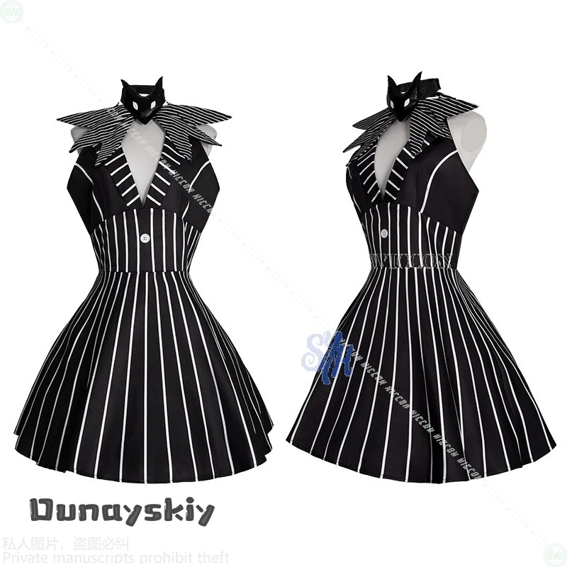 فستان أنيمي أنيمي الهالوين للحفلات التنكرية {NinoNiko Cosplay} Skully Genderswapped أسود أبيض مخطط بدون أكمام بدون ظهر #5