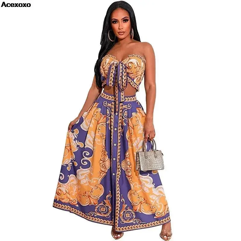 

Summer new women's fashion casual off-the-shoulder, breast and waist printed sexy slim-fit dress set