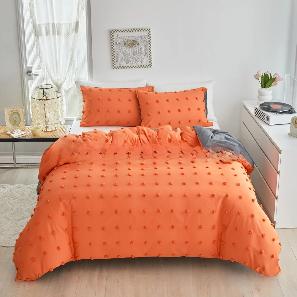 純色寝具セット-3点セット-職人技デザイン-ホームエッセンシャル-ダストボールカットプロセス-花柄アクセサリー