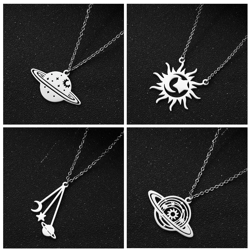 Encantos planeta céu estrelado colar de aço inoxidável corrente para mulheres lua e sol pingente colar lote moda jóias presente da menina