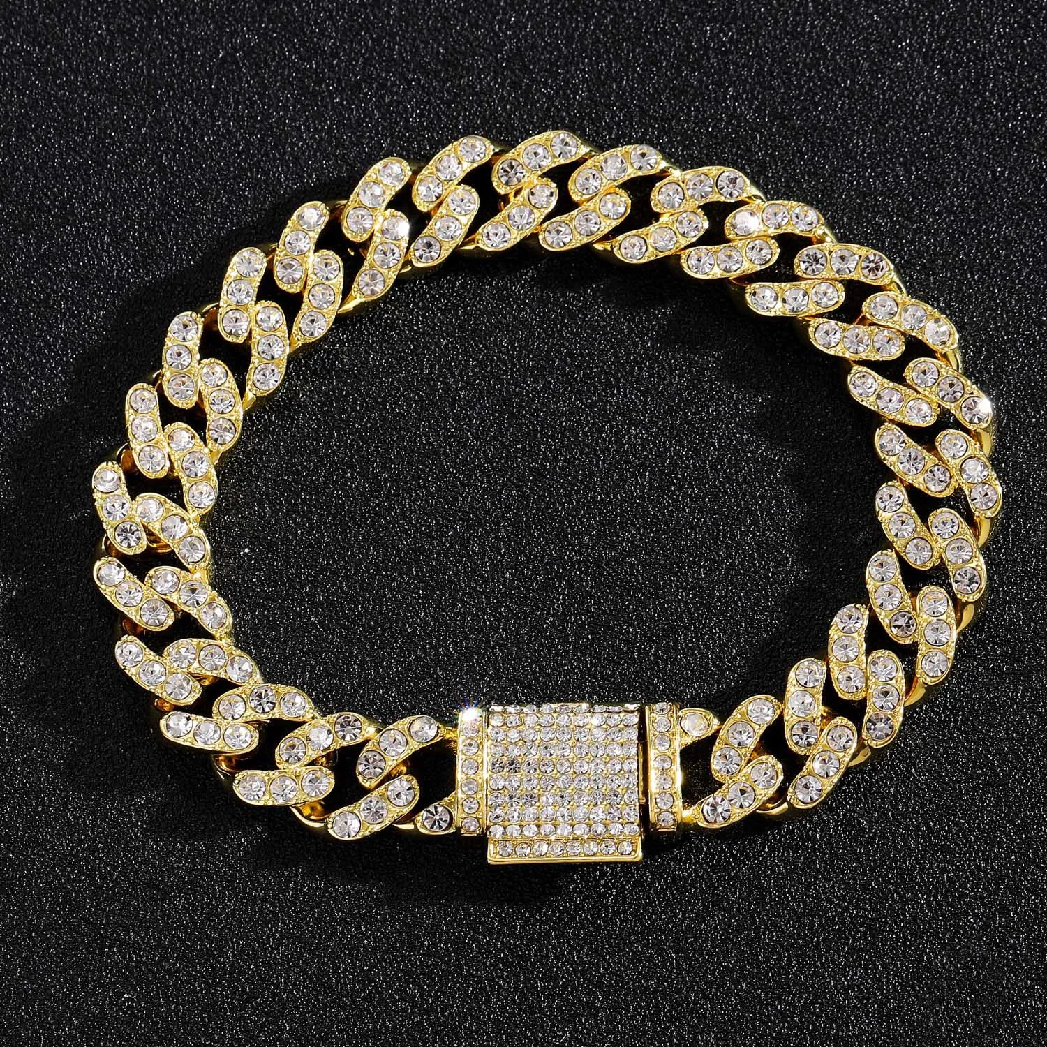 Luxury 24K 9999 Pure Gold real gold  platinum pt950 Point Diamond Bracelet Wide 12mm Men's Flip Cover Buckle Cuban Bracelet