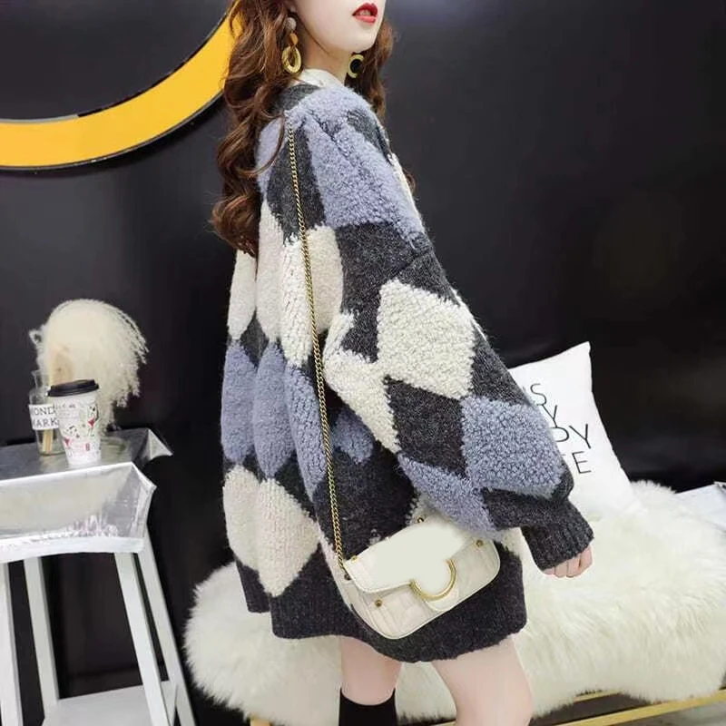 V-hals Mode Vest Met Lange Mouwen Losse Vrouwen Trui Herfst Winter Diamant Print Gebreide Casual Dikke Nieuwe Gebreide Jas