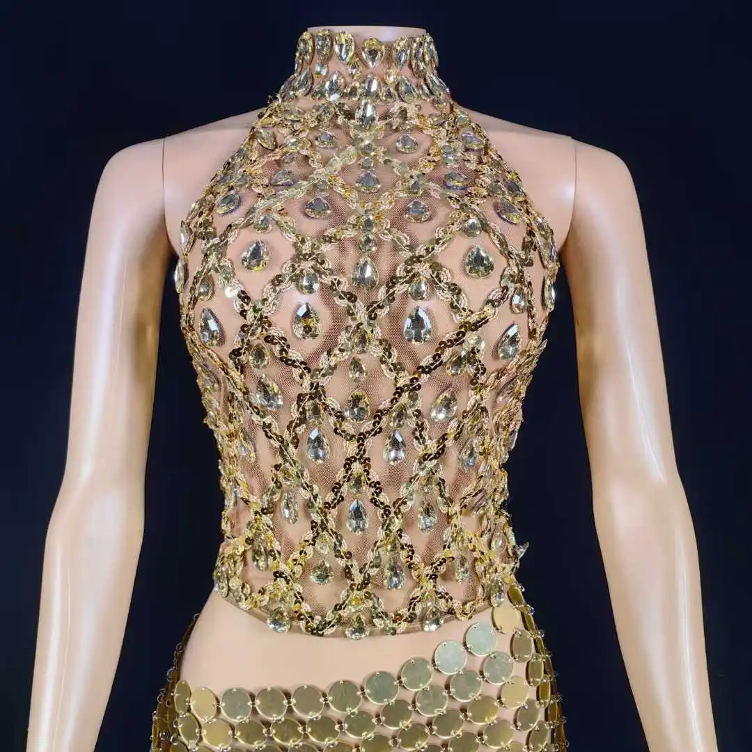 Złote, bezrękawnikowe komplety 2-częściowe: top i spódnica z cekinami dla kobiet, błyszczące, seksowne stroje na urodziny, imprezy, wieczorne wyjścia i do klubu nocnego.