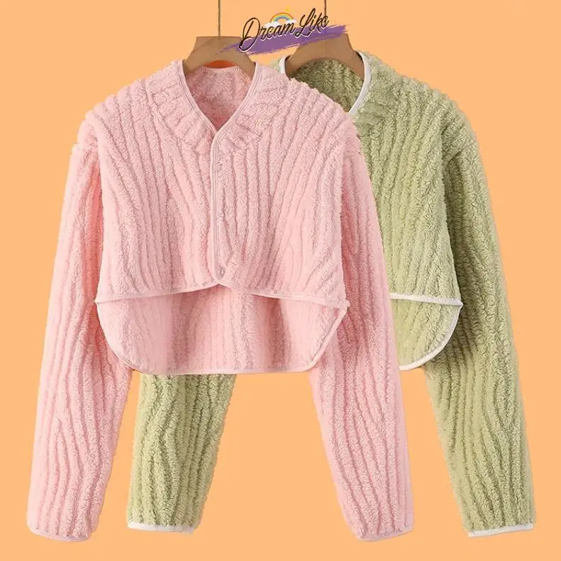 

Women's Sleepwear Shoulder Warm Long Sleeve Shawl Nursing Coral Fleece V-neck Polyester Outerwear Casual Sportswear Set