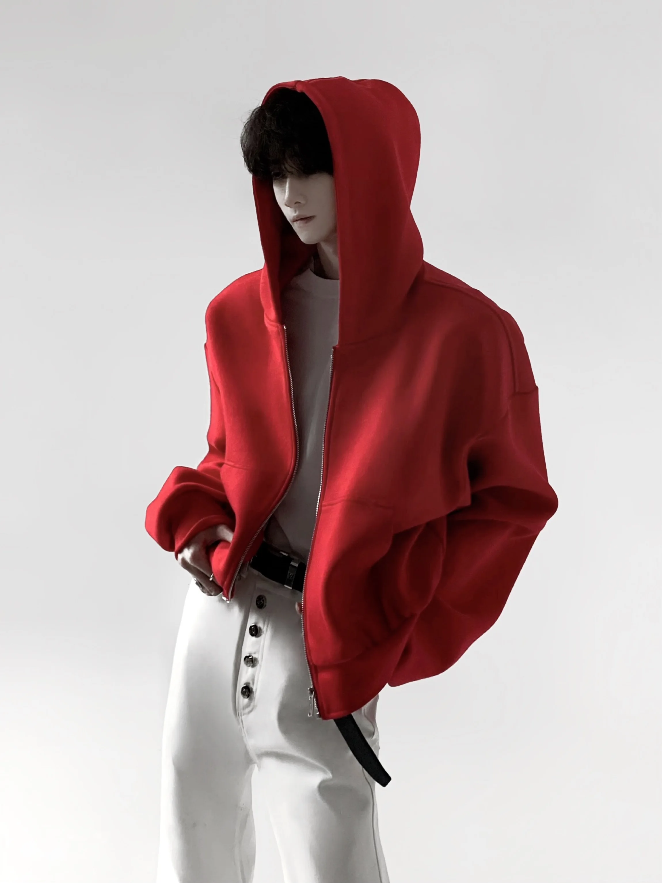 Cleanfit Heavyweight Space Cotton Hoodie Jacket Men's Short Loose Fit Zipper Open Cardigan Breathable Youth Casual Wear