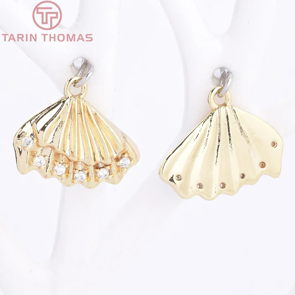 

(10146) 4PCS 16x13.5MM 24K Gold Color Brass with Zircon Shell Shaped Pendants Charms High Quality DIY Jewelry Making Findings