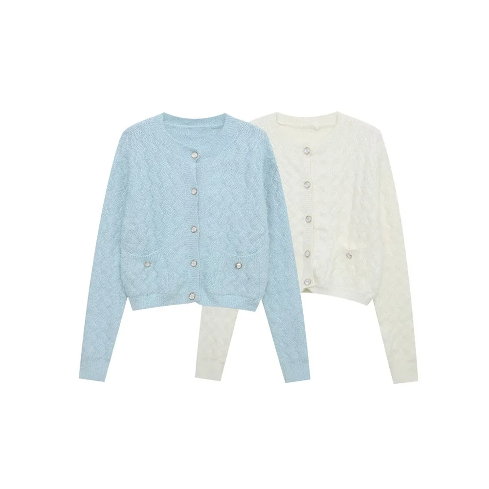 

BMURHMZA Women's New Sweet Wind Round Neck Long Sleeve Single breasted Diamond Pattern Knitted Cardigan Top
