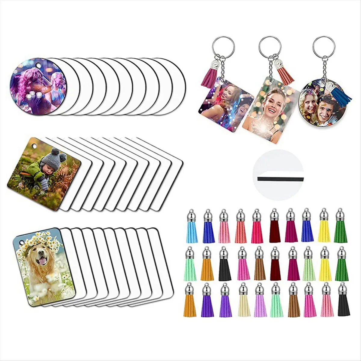 2026 + 30 قطعة التسامي سلسلة المفاتيح فارغة مربع مستدير مستطيل نقل الحرارة لوازم الفن Keychain بها بنفسك المفاتيح