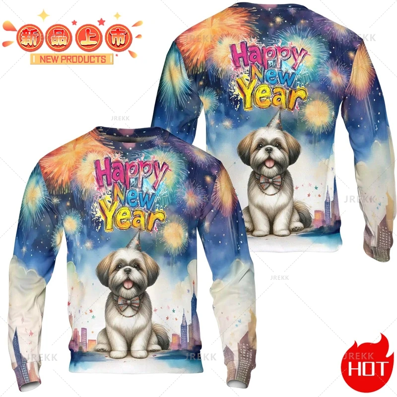 3D Printing 2025 Happy New Year Sweatshirts Bull Terrier Graphic Round Neck Sweatshirts Women Fashion Streetwear Mens Clothing