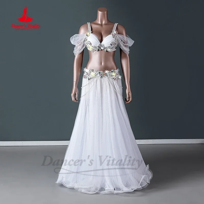 Belly Dance Performance Costume Senior AB Stones Bra Top+yarn Long Skirt 2pcs Customsized for Women Belly Dancing Popsong Suit